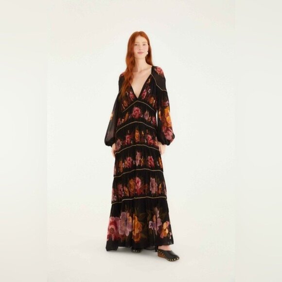 FARM Rio Dresses & Skirts - Farm Rio: Black Chenille Flowers Long Sleeve Midi Dress DT